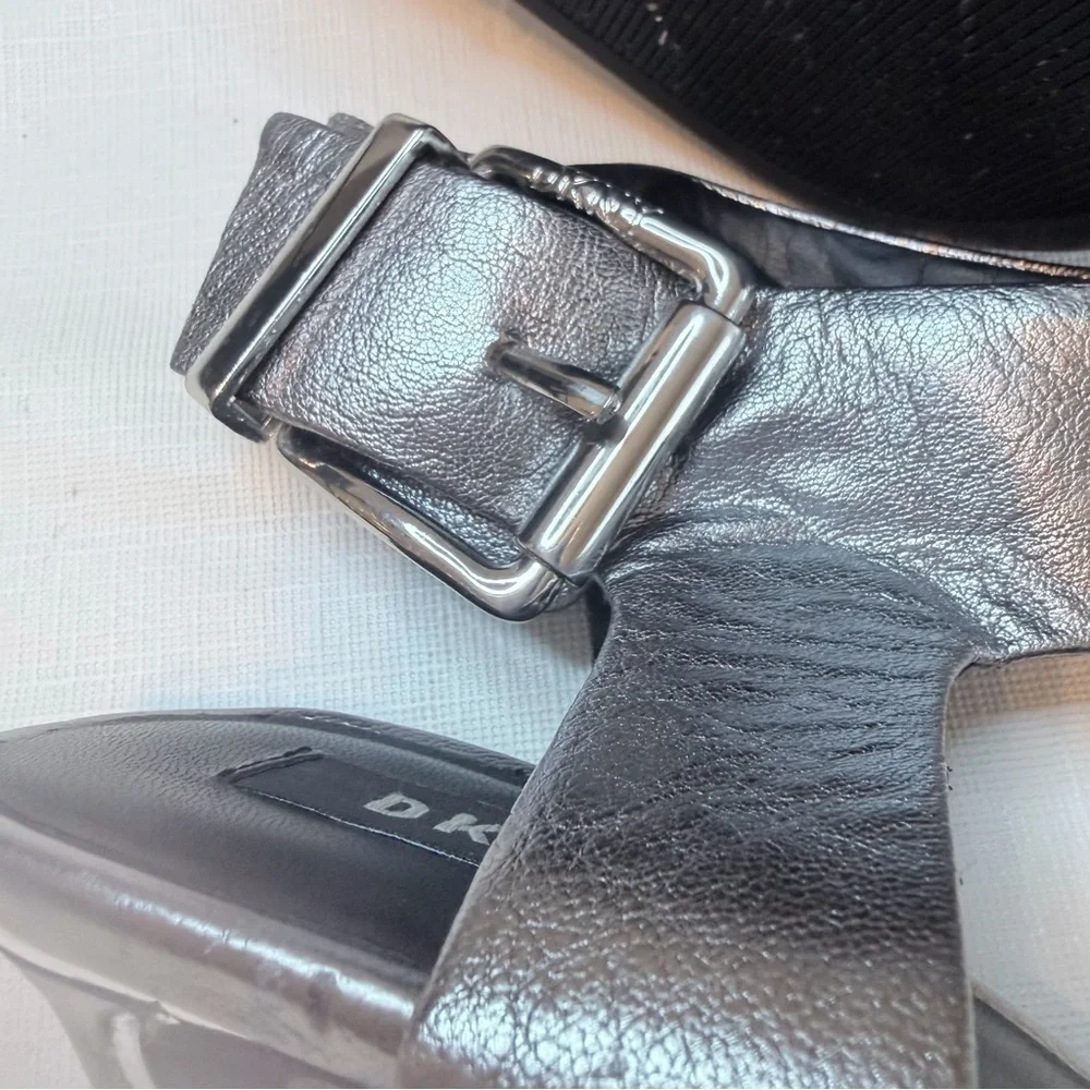 DKNY Shiny Silver Heels with Statement Buckle